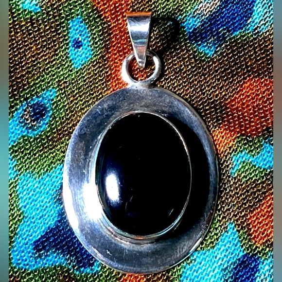 Large Onyx Pendant Stamped ATI MEXICO Vintage Mexican Silver | All Seeing Eye - Picture 5 of 16
